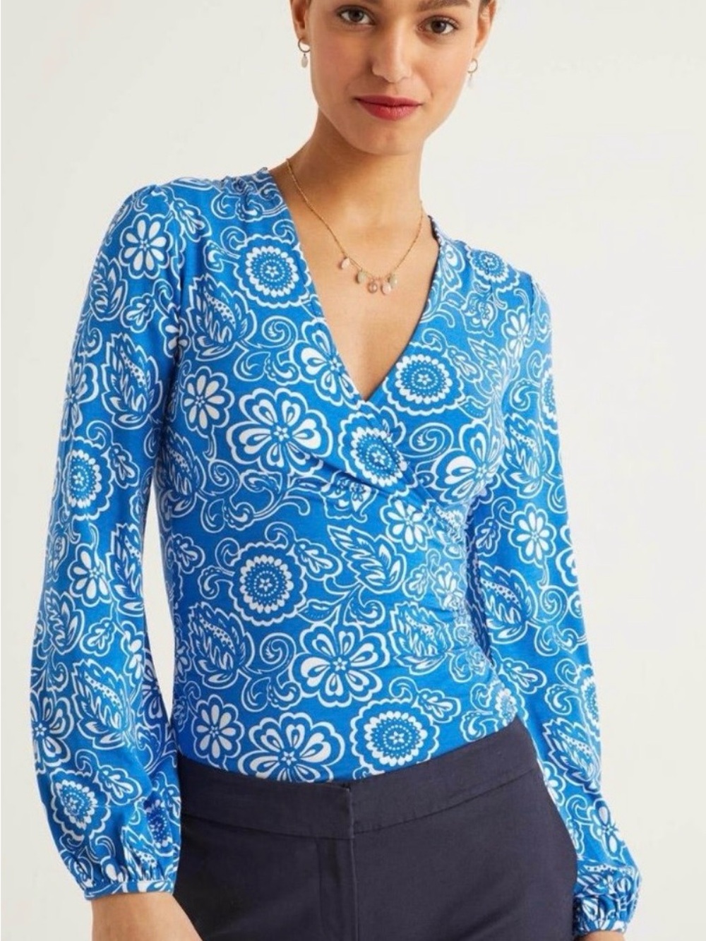Boden Elodie Jersey Knit Wrap Top 14 Blue Geo Long Sleeve Soft Casual V Neck